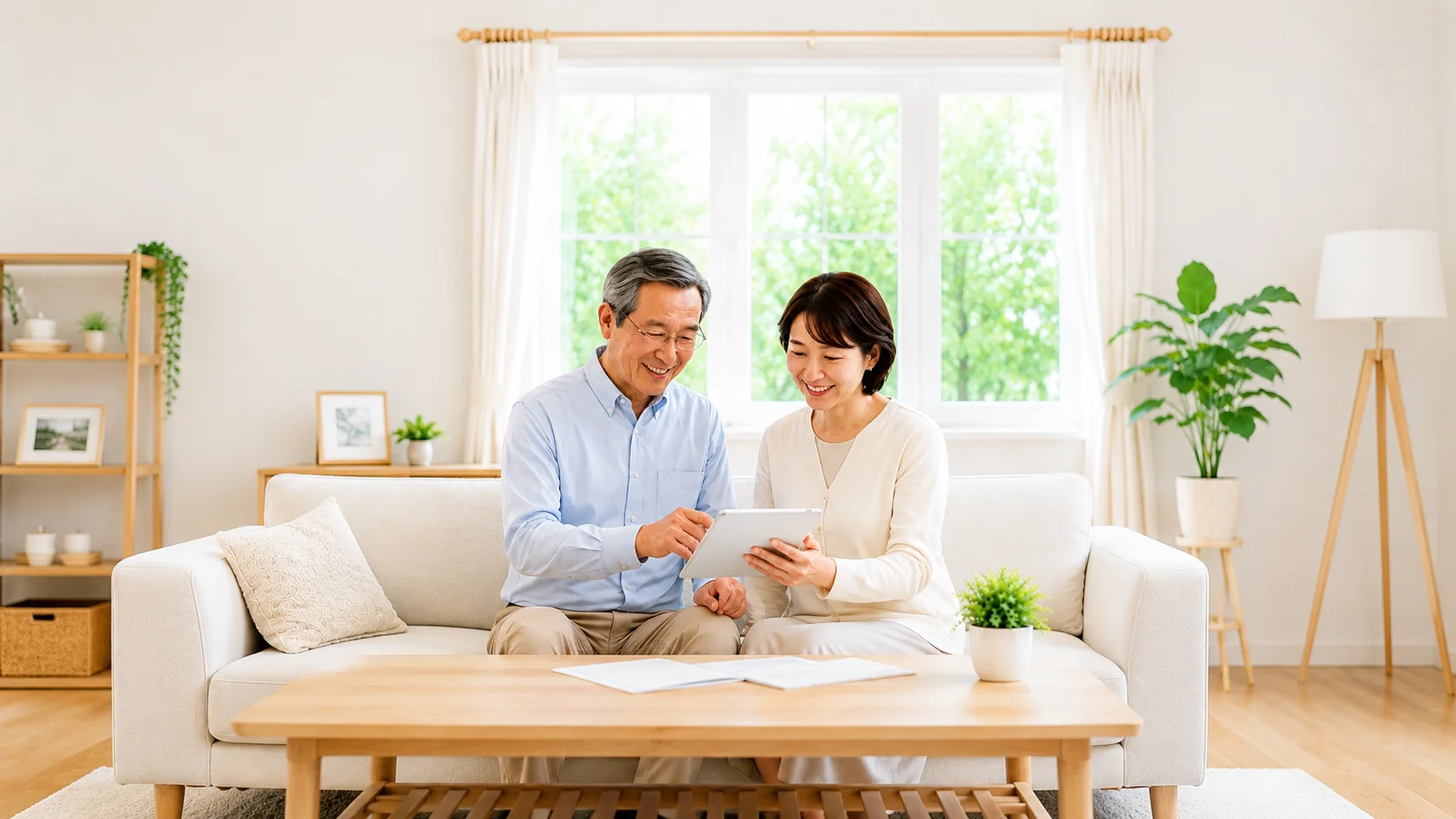 タブレットを見ながら相談するご夫婦
